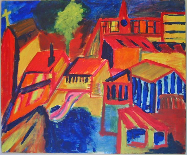 Urban view of a southern French town. Bold colors and strong lines. Colors: red, blue, yellow, orange, green 