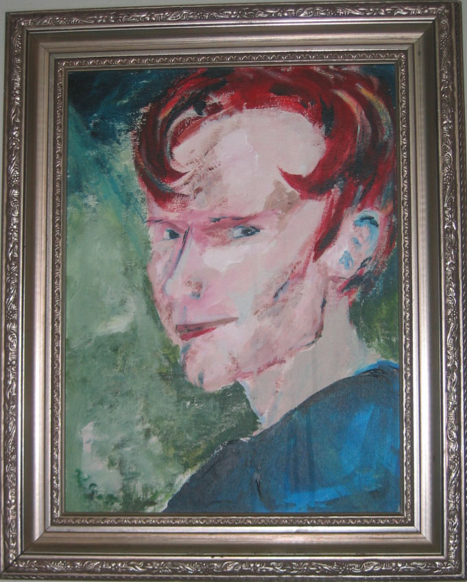 Acrylic painting. Portrait of a young man with red hair and intense eyes. Colors: red, blue, green, flesh pink