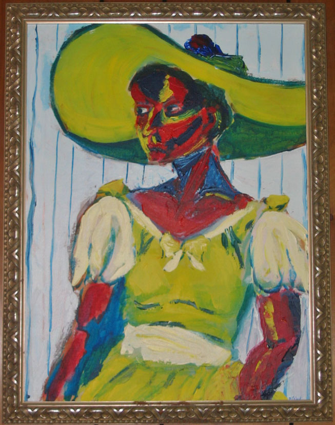 Dark skinned woman in a yellow dress and yellow hat. Colors: Yellow, Brown, blue. Green 