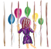 illustration girl behind bars watching balloons