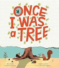 Book Cover for Once I Was a Tree.
Top: Title over lined writing paper. Bottom: tree trunk, acorns, a squirrel, a beetle, a sapling.  