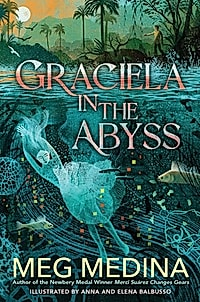 Cover art for Graciela In The Abyss.
A translucent girl swims deep in the water surrounded by sea creatures. On the shore, a boy walks in the moonlight with an arm outstretched. Mountains and tropical trees and seagulls frame an orange sky. 
