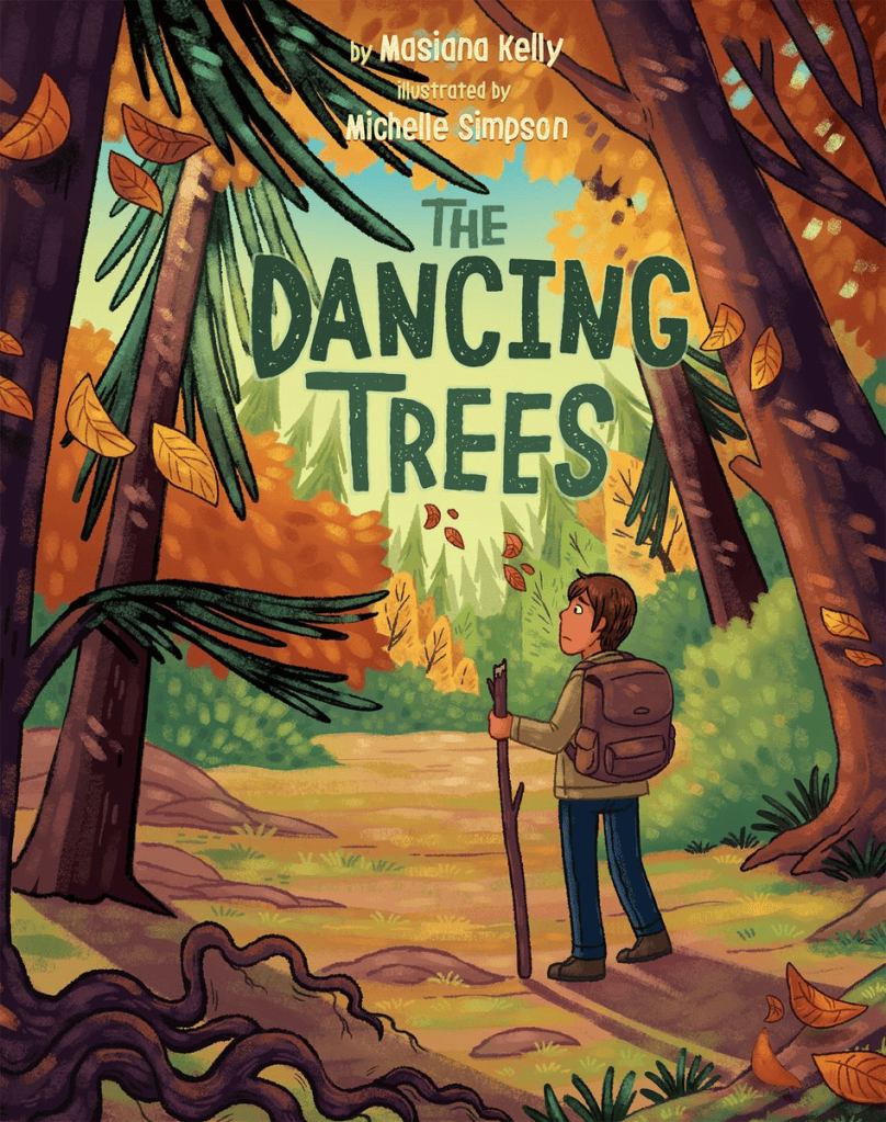 Book Cover for The Dancing Trees. 
A boy with a backpack and walking stick looks apprehensive as he stares at trees blown by the wind in the forest. 
