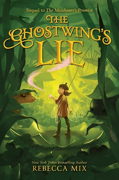 A fairy with transparent wings wearing an acorn cap stands in the middle of dense green forest. Pink sparkly dust raises from her hand. The head of a newt peeks out from under a leaf. A spider lurks in the background. A pillbug stands on a thin twig under a leaf. an earwig crawls on a leaf.